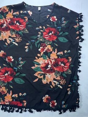 New Red Rose Tunic Top Floral Size 8 Loose Fit Tassels Yincro Black